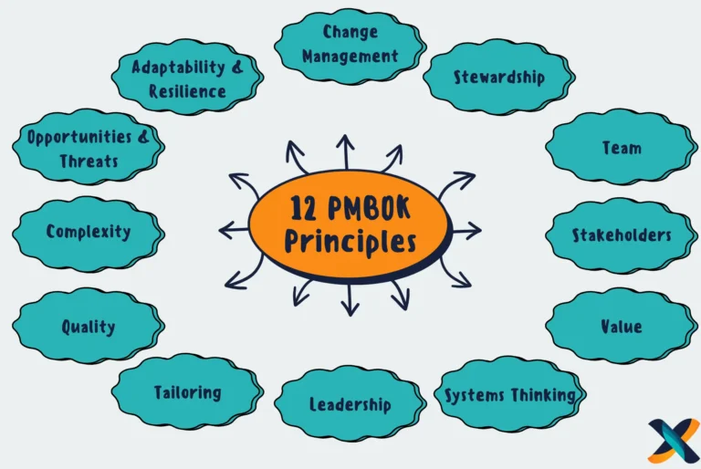 Illustration of the 12 PMBOK principles, emphasizing stewardship, team collaboration, and stakeholder engagement