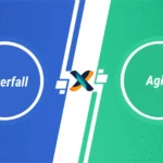 Compare Agile and Waterfall project management methodologies with this clean graphic. The blue side illustrates Waterfall's structured approach, while the green side represents Agile's iterative process.