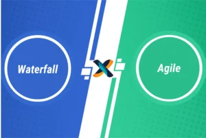 Compare Agile and Waterfall project management methodologies with this clean graphic. The blue side illustrates Waterfall's structured approach, while the green side represents Agile's iterative process.