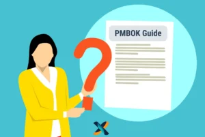 Illustration of a woman holding a bold orange question mark next to a document titled "PMBOK Guide," symbolizing an introduction to project management principles in the PMBOK 7th Edition.