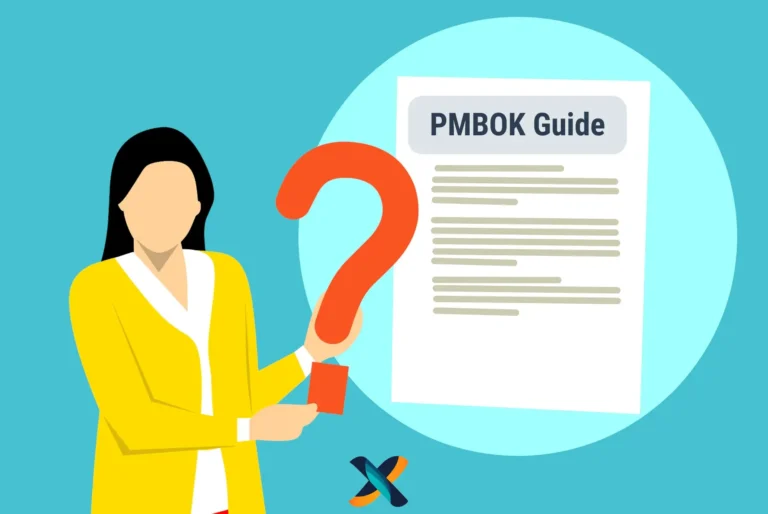 Illustration of a woman holding a bold orange question mark next to a document titled "PMBOK Guide," symbolizing an introduction to project management principles in the PMBOK 7th Edition.