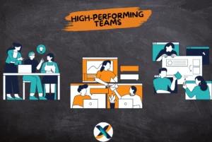 A diverse project team collaborating in a modern office, illustrating team development principles from PMBOK 7th Edition.