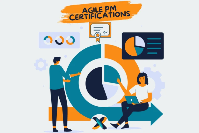 Illustration showcasing Agile project management certifications with professionals analyzing data and charts.