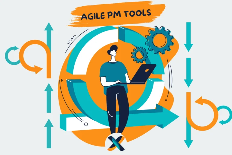 Illustration of Agile project management tools with iterative workflow cycles, automation, and a project manager working on a laptop.