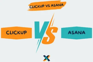 ClickUp vs Asana comparison graphic for project management tools.