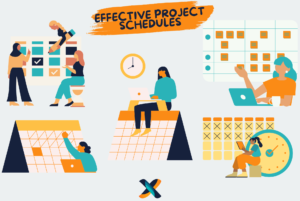 Illustration showcasing effective project scheduling techniques, including task allocation, timeline planning, and calendar management.