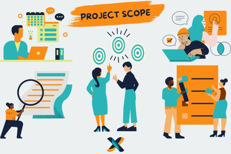 Illustration showcasing project scope definition, including target identification, task analysis, and collaboration for successful project planning.