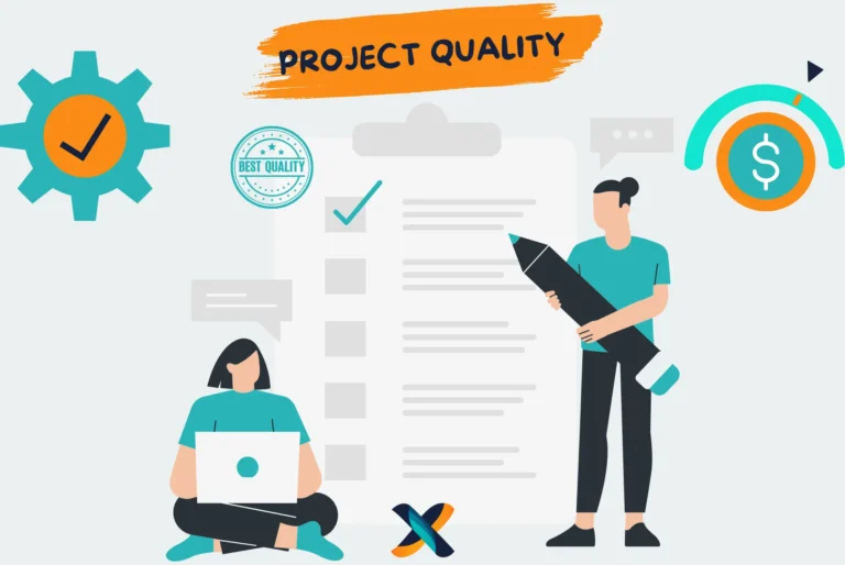 Project team ensuring project quality through checklist reviews and performance tracking."