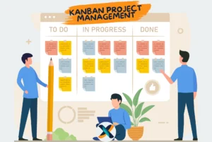 Illustration of Kanban project management with a board displaying tasks in 'To Do,' 'In Progress,' and 'Done' columns.