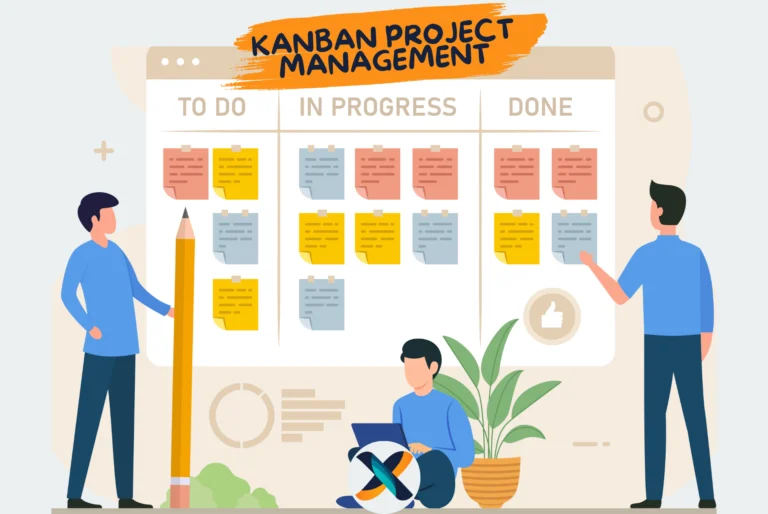 Illustration of Kanban project management with a board displaying tasks in 'To Do,' 'In Progress,' and 'Done' columns.