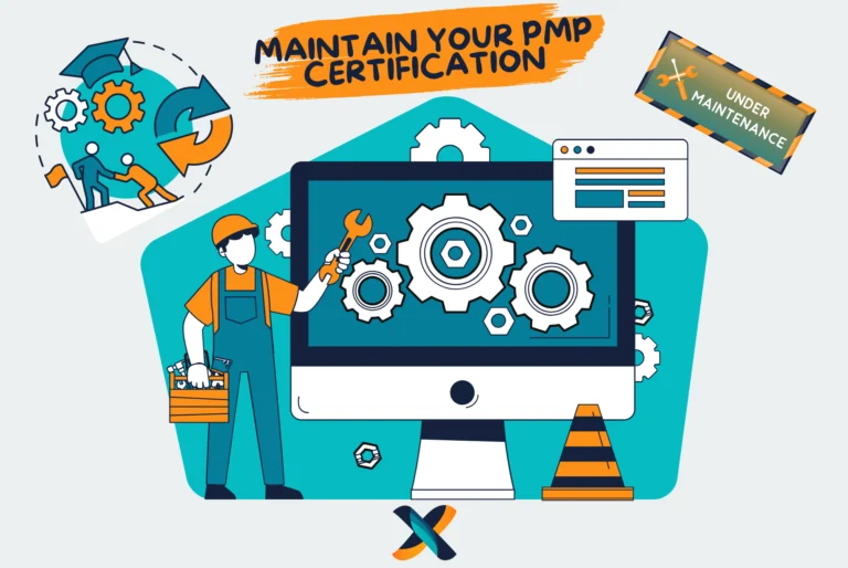 "Illustration showcasing PMP certification maintenance, highlighting professional development, renewal processes, and skills enhancement.