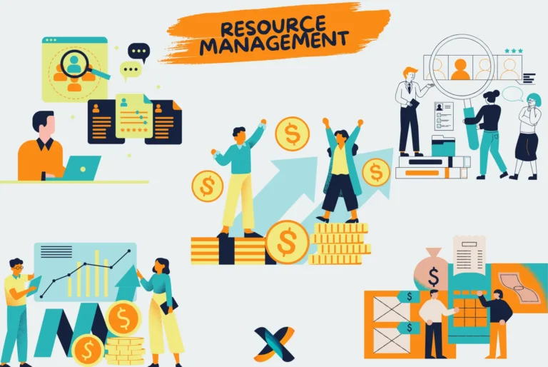 Illustration of resource management strategies, showcasing budget planning, personnel allocation, and effective utilization of resources for project success.
