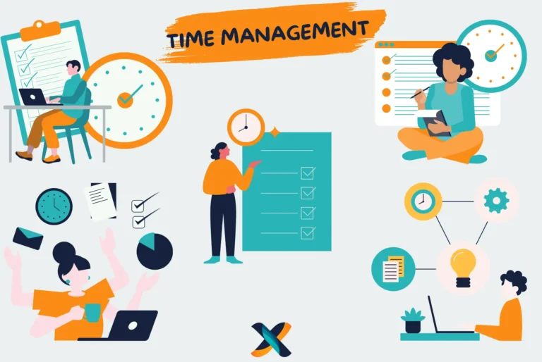 A collection of visuals illustrating time management strategies, including task prioritization, checklist creation, and efficient scheduling for project success.