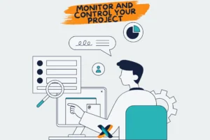 A project team using PMBOK tools to monitor and control project progress, ensuring successful outcomes.