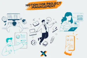 Notion for project management, illustrating task organization, collaboration, and data visualization.