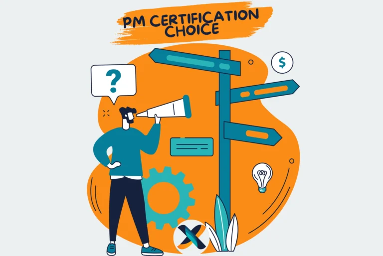 Illustration of a person making a decision about PM certifications with signposts symbolizing various project management certification options.