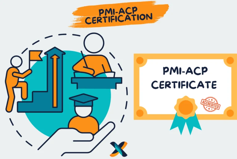 Illustration of PMI-ACP certification, highlighting the journey of agile project management professionals from preparation to accreditation.