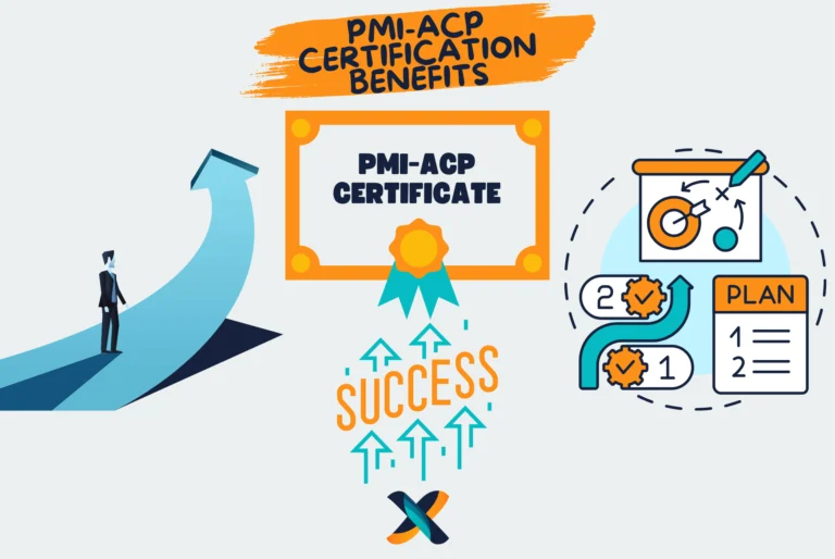 Illustration of PMI-ACP certification benefits with success arrow, certificate, and project planning visuals.