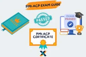 PMI-ACP Exam Guide illustration featuring a study guide, certificate, and exam passed badge.