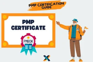 Illustration of a PMP certificate with a guide explaining PMBOK principles and tips for PMP certification success