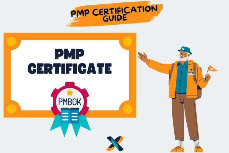 Illustration of a PMP certificate with a guide explaining PMBOK principles and tips for PMP certification success