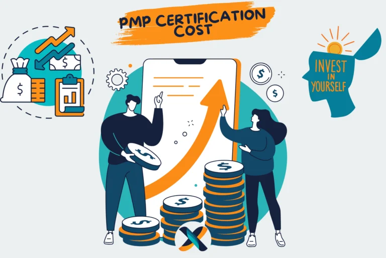 Illustration of PMP certification cost breakdown, showing investment in education, stacked coins, and growth charts.