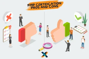 Illustration showing the pros and cons of PMP certification with thumbs-up and thumbs-down visuals.