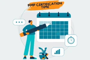 Illustration of a PMP certification timeline with a calendar, clock, and progress indicators, helping candidates plan their preparation.