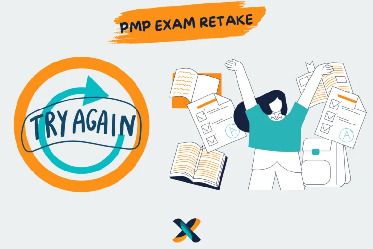 Illustration of PMP exam retake process with a 'Try Again' symbol and a person celebrating success.
