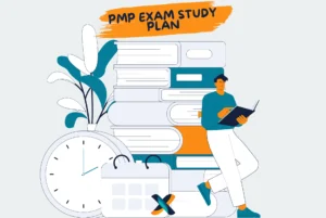 Illustration of a PMP exam study plan with books, a clock, and a calendar, guiding professionals to prepare effectively.