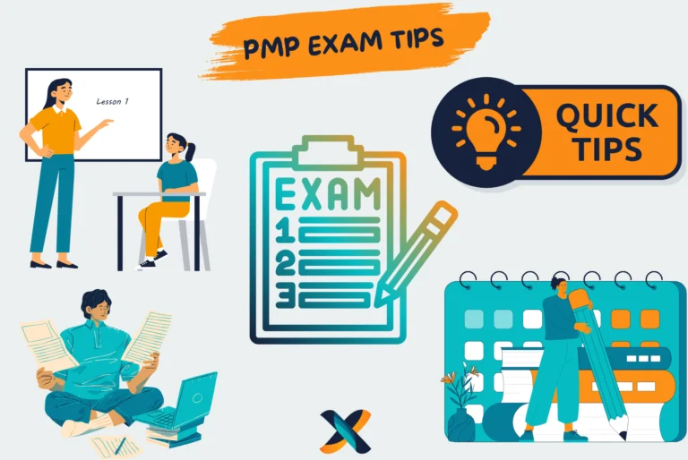 Illustration of PMP exam tips including study guides, quick strategies, and preparation schedules for success.