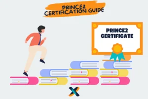 Illustration of a professional climbing books towards a PRINCE2 certification, symbolizing the journey to becoming certified.