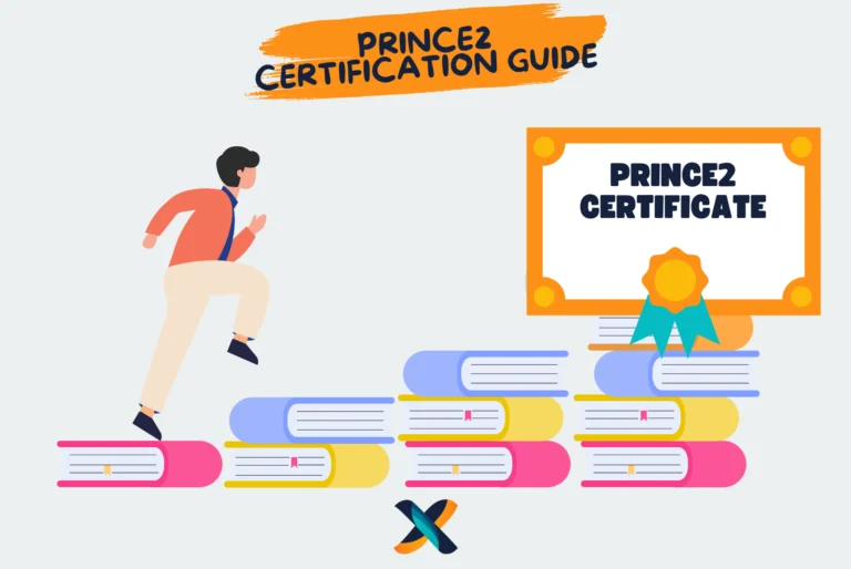 Illustration of a professional climbing books towards a PRINCE2 certification, symbolizing the journey to becoming certified.