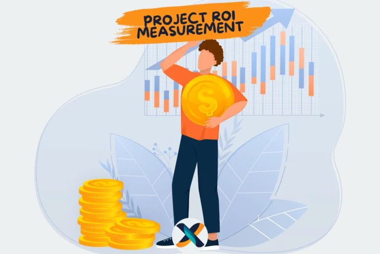 Project ROI measurement illustration with charts, coins, and financial growth representation.