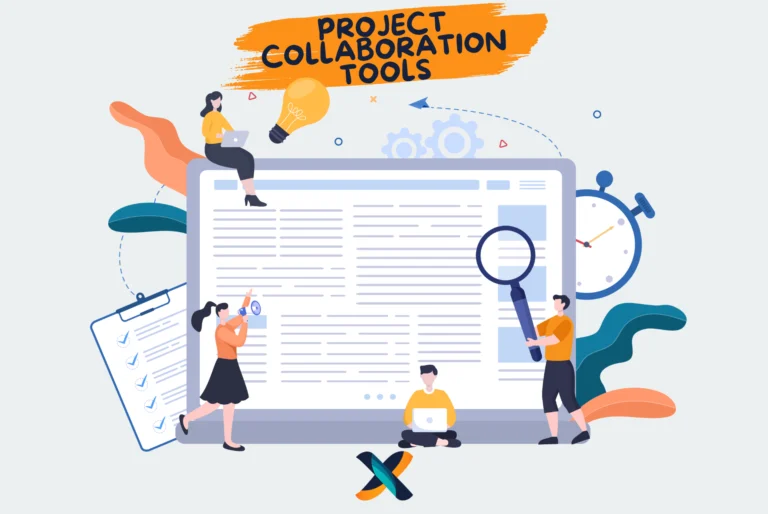 Illustration of project collaboration tools with a team working together on a shared digital platform.