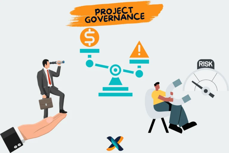Illustration of project governance showcasing risk management, financial balance, and strategic oversight for effective project execution
