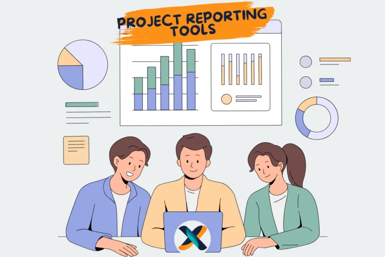 Team analyzing project data with reporting tools and visual charts.