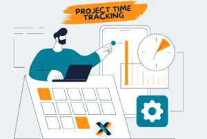 Illustration of project time tracking with a manager monitoring schedules, deadlines, and progress using digital tools.