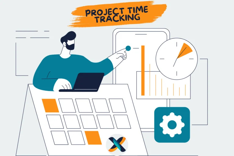 Illustration of project time tracking with a manager monitoring schedules, deadlines, and progress using digital tools.