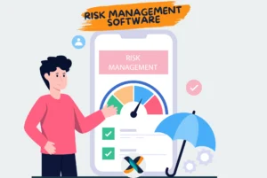 Risk management software dashboard with visual indicators for risk levels and status tracking.