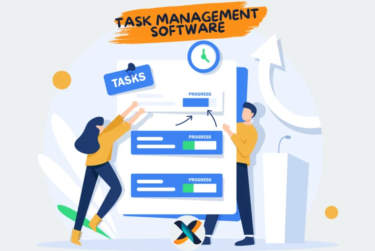 Illustration of project collaboration tools with a team working together on a shared digital platform.