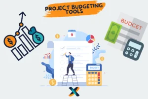 Project budgeting tools visual with charts, budget planning, and financial management icons.