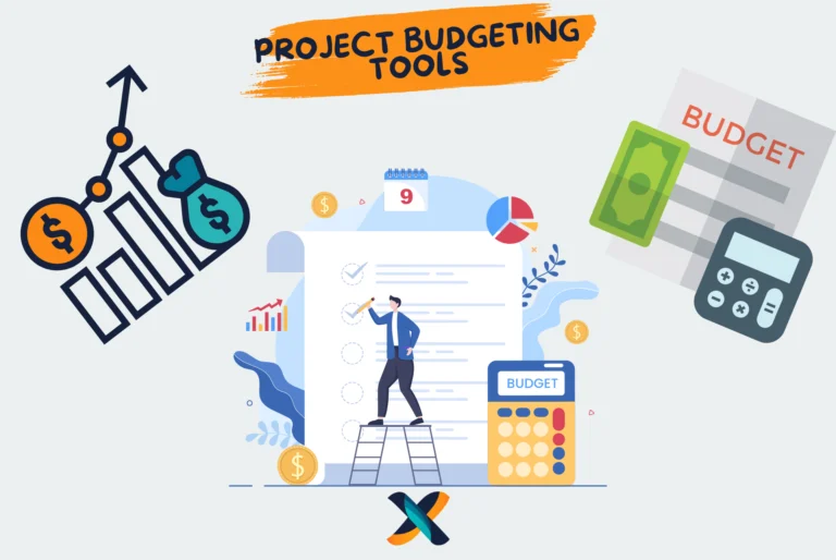 Project budgeting tools visual with charts, budget planning, and financial management icons.