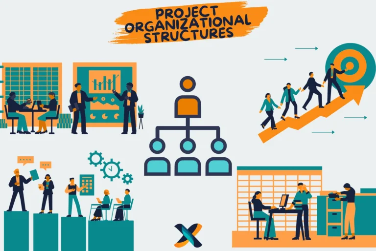 Illustration of project organizational structures, highlighting team hierarchies, collaboration workflows, and goal alignment for project success.
