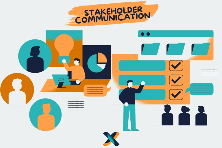 A project manager discussing key stakeholder communication practices with a diverse team in a professional setting.