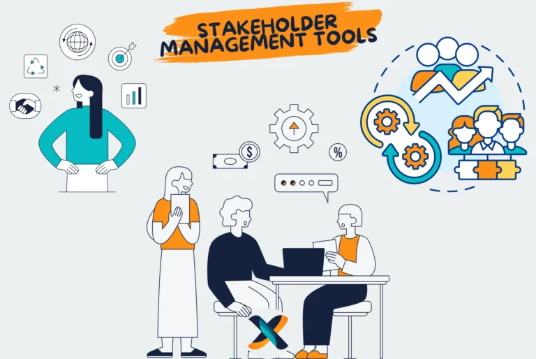 Illustration of stakeholder management tools showcasing collaboration, strategy, and engagement for effective project management.